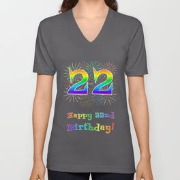 [ Thumbnail: 22nd Birthday - Fun Rainbow Spectrum Gradient Pattern Text, Bursting Fireworks Inspired Background V Neck T Shirt V-Neck T-Shirt ]