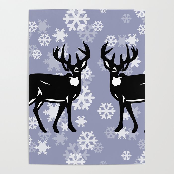 White Snowflakes with tow Reindeer - light grey Christmas Design Poster