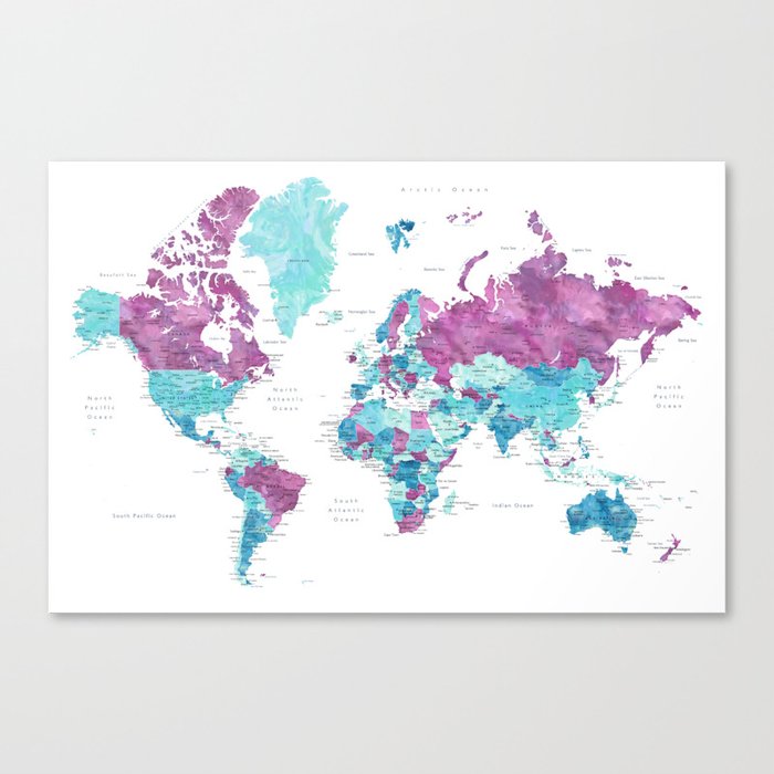 Purple and turquoise watercolor world map with cities, "Blair" Canvas Print