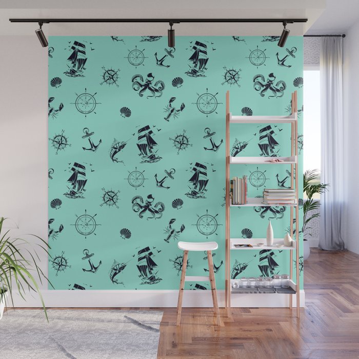 Mint Blue And Blue Silhouettes Of Vintage Nautical Pattern Wall Mural