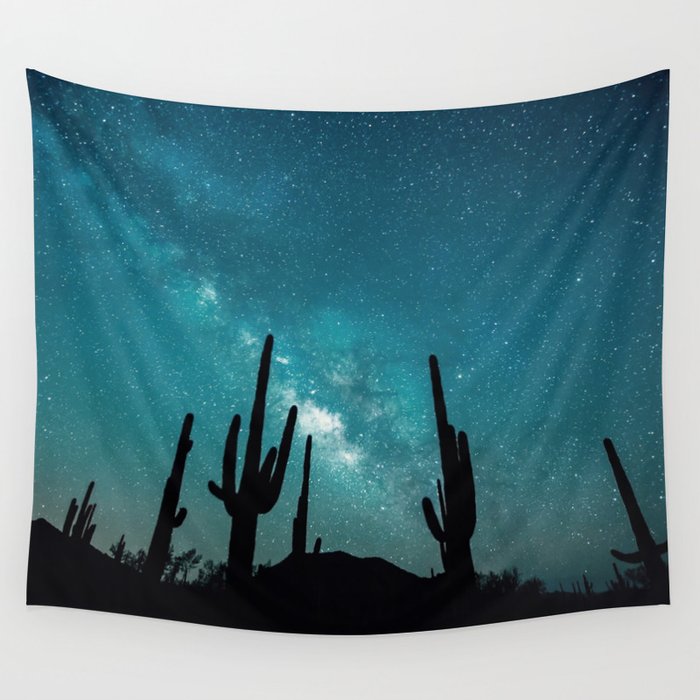BLUE NIGHT SKY MILKY WAY AND DESERT CACTUS Wall Tapestry by