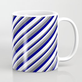 [ Thumbnail: Dark Gray, Dim Gray, Blue & White Colored Striped Pattern Coffee Mug ]