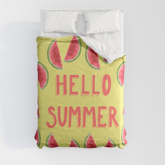 Hello Summer Watercolor Handlettered Painting - Yellow Background Comforter