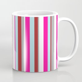 [ Thumbnail: Eye-catching White, Dark Gray, Brown, Powder Blue & Deep Pink Colored Lines/Stripes Pattern Coffee Mug ]