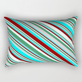 [ Thumbnail: Eyecatching Sea Green, Light Grey, Cyan, Dark Red, and White Colored Lines Pattern Rectangular Pillow ]