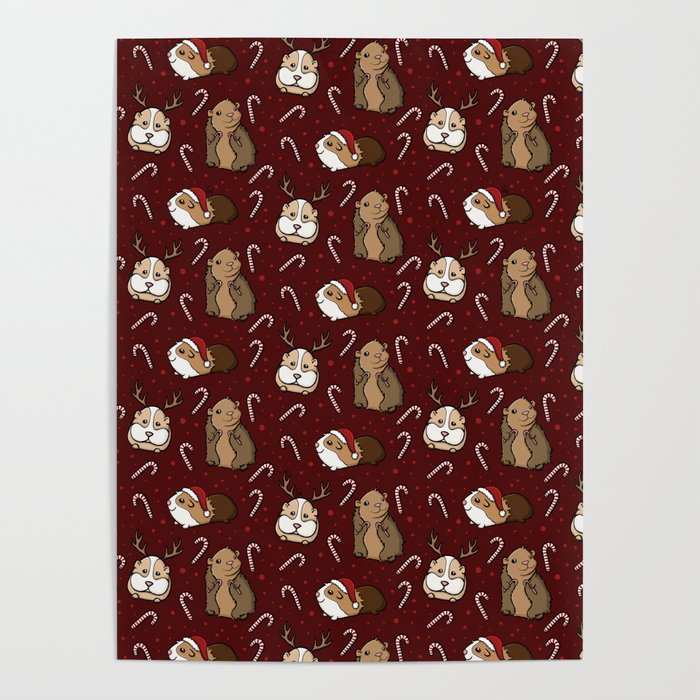 Festive Christmas Guinea Pig and Candy Cane Pattern Poster