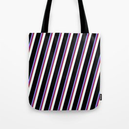 [ Thumbnail: Light Sky Blue, Purple, Red, Mint Cream, and Black Colored Lined/Striped Pattern Tote Bag ]