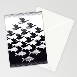 "Sky and Water I" by M.C. Escher Stationery Cards | Blackandwhite, Ocean, Nature, Woodcut, Sea, Fish, Graphicdesign, Vintage, Waves, Birds 