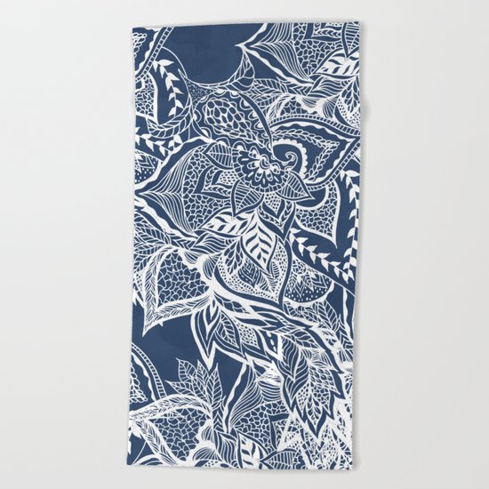 Modern navy blue peony white hand drawn floral watercolor pattern Beach Towel