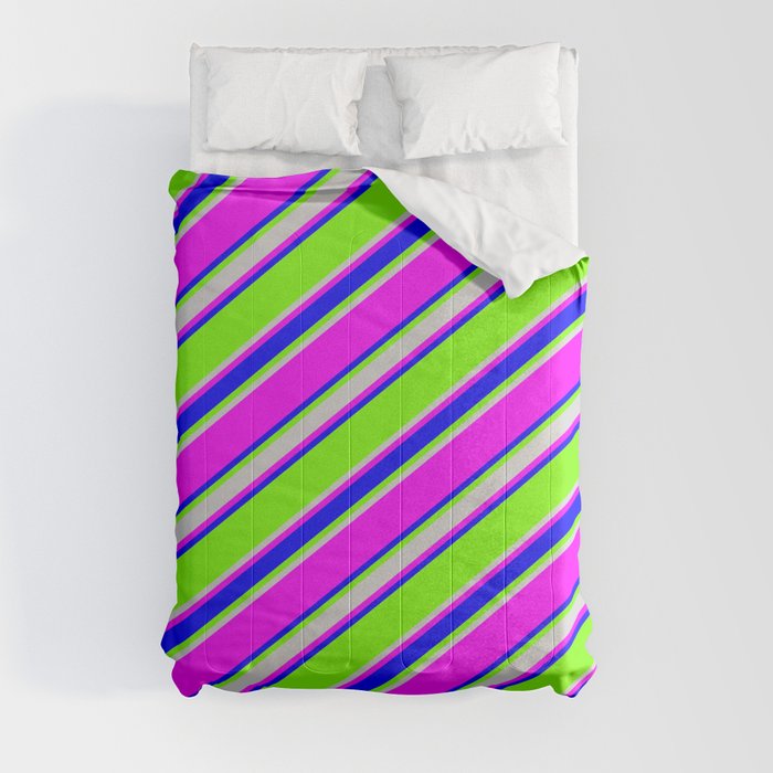 Green, Light Gray, Fuchsia & Blue Colored Stripes/Lines Pattern Comforter
