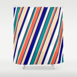 [ Thumbnail: Red, Dark Blue, Dark Cyan, Tan & White Colored Lined/Striped Pattern Shower Curtain ]