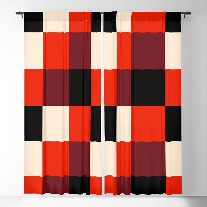 Checkerboard Squares Plaid Black Red Beige Ruby Maroon Blackout Curtain