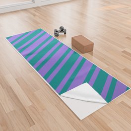 [ Thumbnail: Dark Cyan & Purple Colored Lined/Striped Pattern Yoga Towel ]