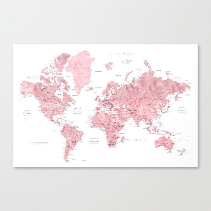 Light pink, muted pink and dusty pink watercolor world map with cities Canvas Print