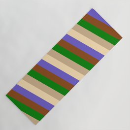 [ Thumbnail: Eye-catching Brown, Green, Tan, Beige & Slate Blue Colored Pattern of Stripes Yoga Mat ]