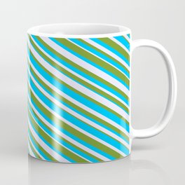 [ Thumbnail: Deep Sky Blue, Lavender, and Green Colored Lined Pattern Coffee Mug ]