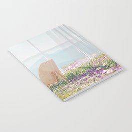 One with nature; bio home of the future with meadows of flowers and solar windows color magical realism photograph / photography Notebook