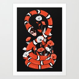 King snake with poppy flowers Art Print
