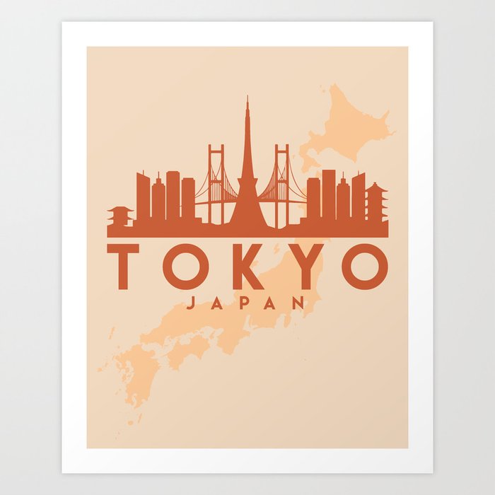 TOKYO JAPAN CITY MAP SKYLINE EARTH TONES Art Print