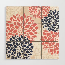 Flower Blooms, Coral Pink, Blush, Navy Blue Wood Wall Art