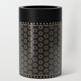 Black and gold abstract graphic pattern. Geometric ornament with frame, border. Line art, lace, embroidery background. Bandanna, shawl, scarf, tablecloth design Can Cooler