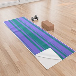 [ Thumbnail: Teal & Medium Slate Blue Colored Striped/Lined Pattern Yoga Towel ]