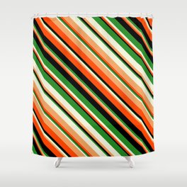 [ Thumbnail: Vibrant Forest Green, Beige, Brown, Red & Black Colored Lines Pattern Shower Curtain ]