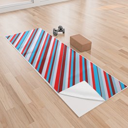 [ Thumbnail: Eyecatching Sky Blue, Dark Red, Deep Sky Blue, Red & Lavender Colored Lines/Stripes Pattern Yoga Towel ]