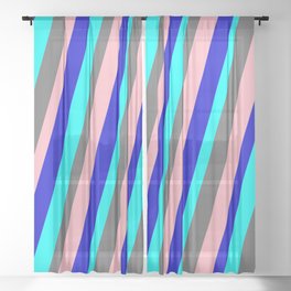 [ Thumbnail: Cyan, Dim Gray, Light Pink & Blue Colored Striped Pattern Sheer Curtain ]