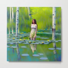 Colorful painting of a girl walking in a lily pond Metal Print