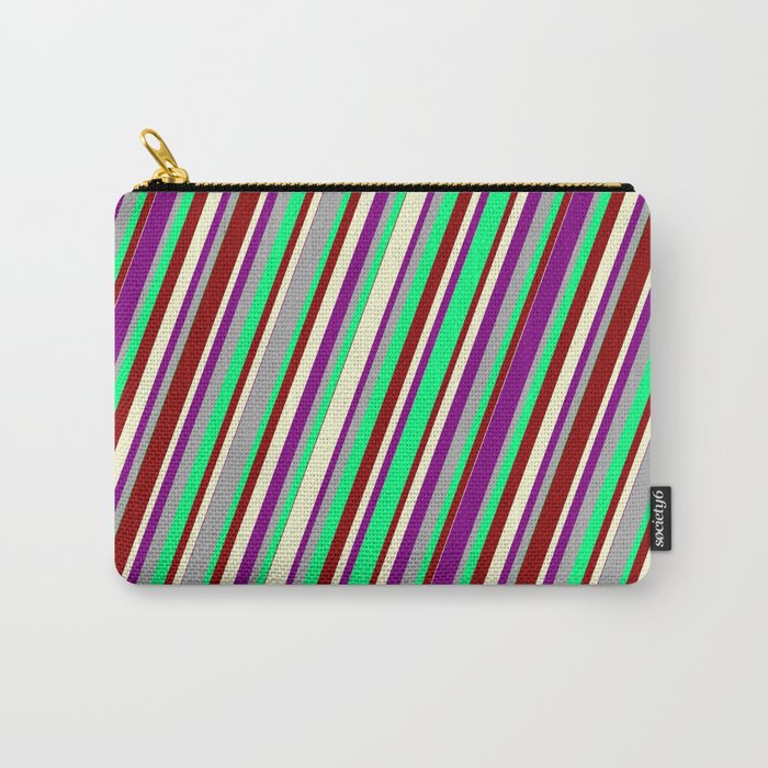 Colorful Dark Gray, Green, Dark Red, Light Yellow, and Purple Colored Lined/Striped Pattern Carry-All Pouch