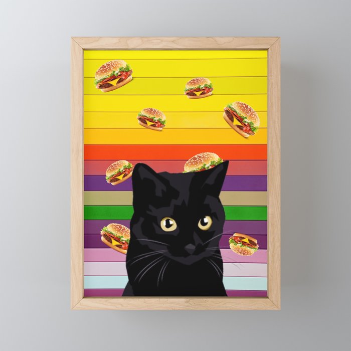 Black cat and burgers, Black cat collage Framed Mini Art Print