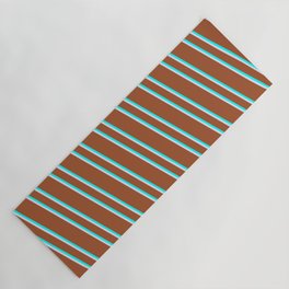 [ Thumbnail: Sienna, Cyan & Lavender Colored Lined Pattern Yoga Mat ]