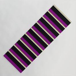 [ Thumbnail: Beige, Dark Khaki, Purple & Black Colored Stripes Pattern Yoga Mat ]