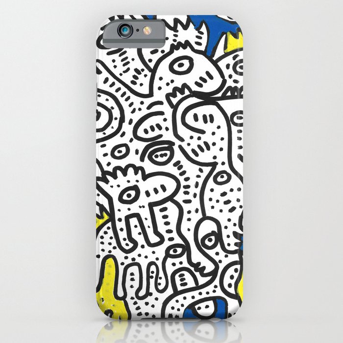 Yellow Blue Graffiti Art Doodle Black and White  iPhone Case