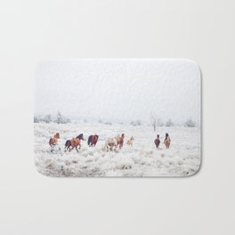 Winter Horses Bath Mat | Animal, Curated, Digital, Winter, Snow, Color, Nature, Landscape, Horses, Running 