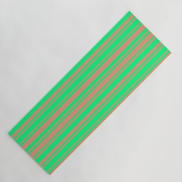 [ Thumbnail: Green and Dark Salmon Colored Lined Pattern Yoga Mat ]