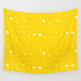 Yellow and White Doodle Kitten Faces Pattern Wall Tapestry