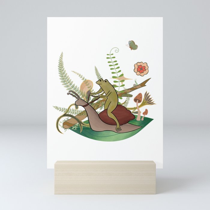 Whimsical Frog Riding a Snail Through the Forest Mini Art Print