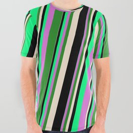 [ Thumbnail: Vibrant Green, Orchid, Forest Green, Beige & Black Colored Striped Pattern All Over Graphic Tee ]