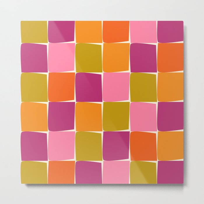 Flux Minimalist Midcentury Modern Check Grid Pattern in Retro Lime Orange Pink Purple Metal Print