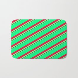 [ Thumbnail: Vibrant Green, Crimson, Light Green, Forest Green & Light Blue Colored Striped/Lined Pattern Bath Mat ]