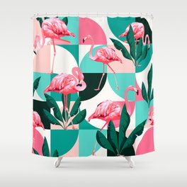 Geometric Tropical Flamingos II Shower Curtain
