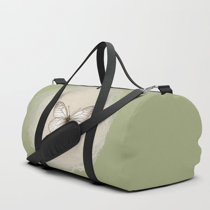 Hand-Drawn Butterfly and Brush Stroke on Sage Green Duffle Bag