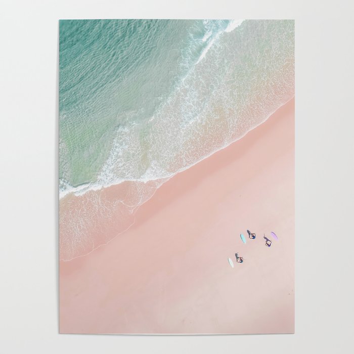 Surf Yoga II - Aerial Pink Beach Print - Ocean - Sea Travel photography by Ingrid Beddoes Poster