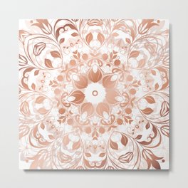 Rose Gold White Mandala Metal Print | Copper, Psychedelic, Trendy, White, Elegant, Kaleidoscope, Esoteric, Fresh, Floral, Graphicdesign 