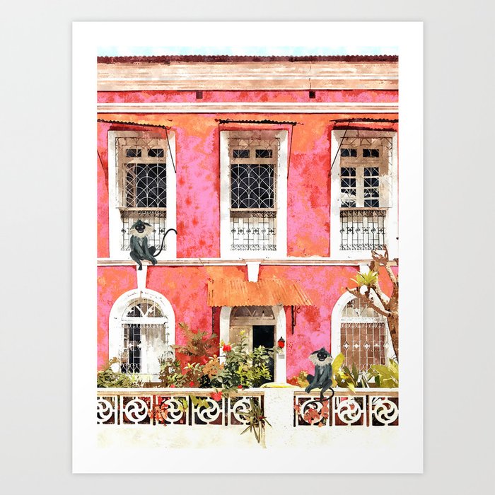 Monkey Business | Watercolor Tropical Goa Architecture Painting | Travel Pastel Pink Blush Building Art Print