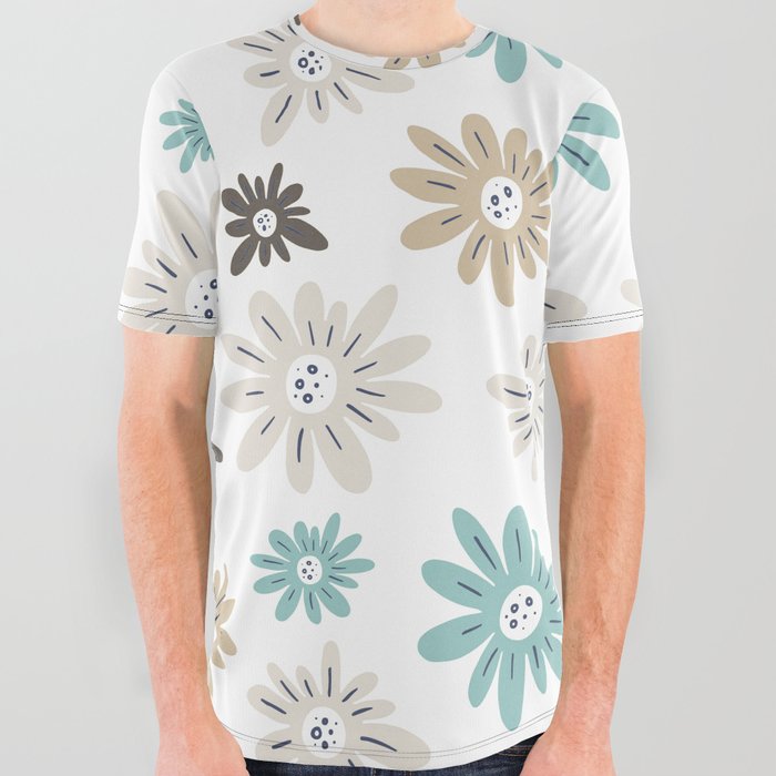 Aquaverde Floral Pattern Brown Soft Blue Green on White All Over Graphic Tee