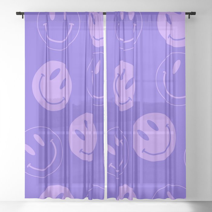Large Very Peri Retro Smiley Face - Purple Pastel Aesthetic Sheer Curtain