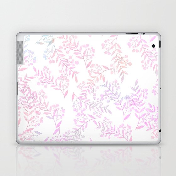 Coral Pink Green Blue Watercolor Foliage Berries Pattern Laptop & iPad Skin
